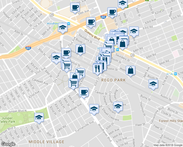 map of restaurants, bars, coffee shops, grocery stores, and more near 63-24 Alderton St in Rego Park
