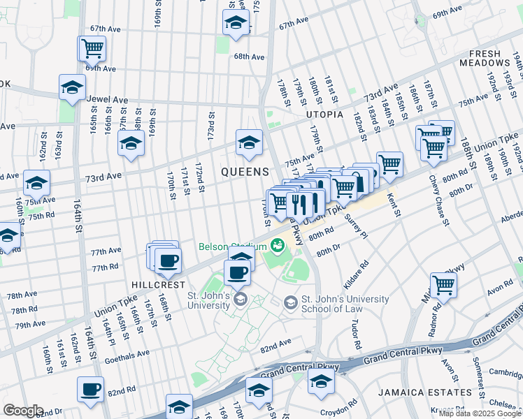 map of restaurants, bars, coffee shops, grocery stores, and more near 76-16 176th Street in Queens