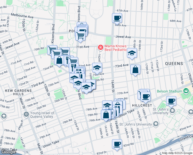 map of restaurants, bars, coffee shops, grocery stores, and more near 75-20 162th Street in Queens