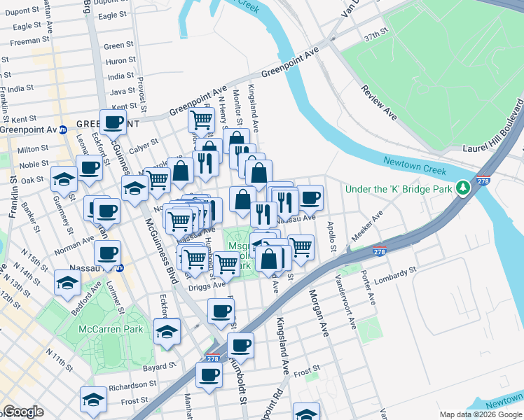 map of restaurants, bars, coffee shops, grocery stores, and more near 202 Monitor Street in Brooklyn