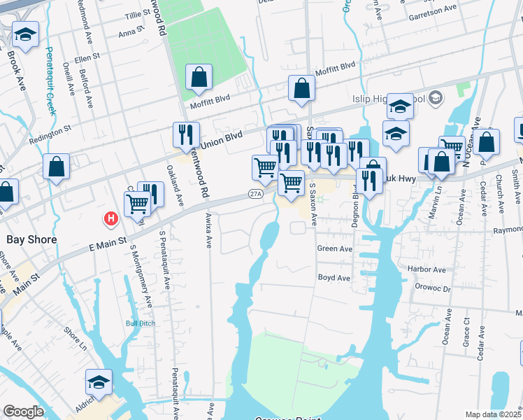 map of restaurants, bars, coffee shops, grocery stores, and more near 46 Doral Lane in Bay Shore