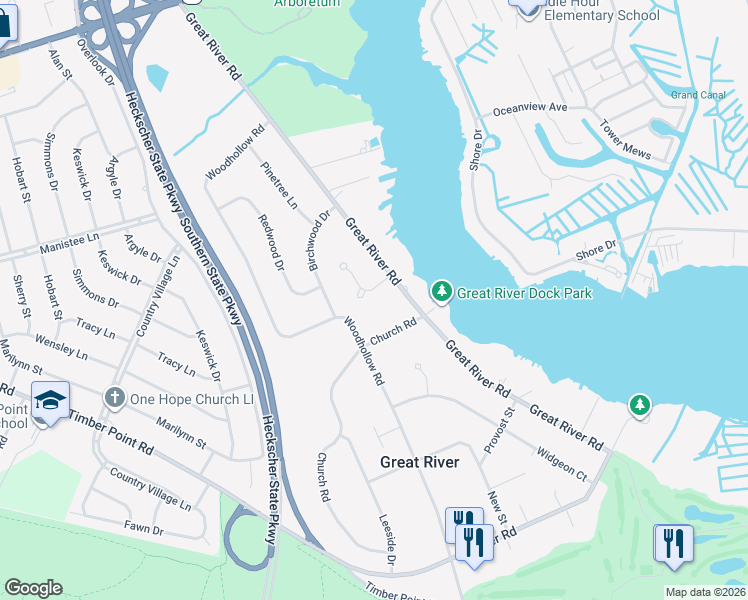 map of restaurants, bars, coffee shops, grocery stores, and more near 50 O'Connell Court in Great River
