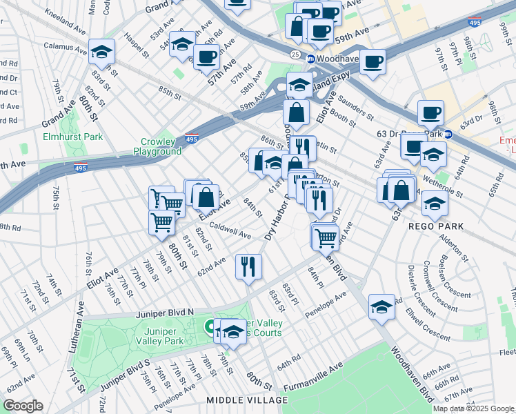 map of restaurants, bars, coffee shops, grocery stores, and more near 84-06 61st Road in Queens