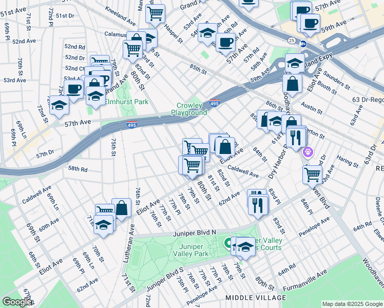 map of restaurants, bars, coffee shops, grocery stores, and more near 58-32 81st Street in Queens