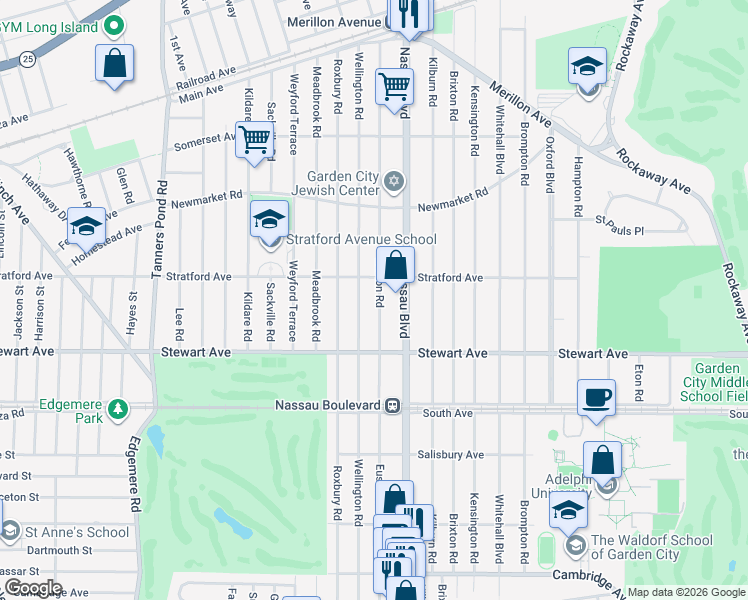 map of restaurants, bars, coffee shops, grocery stores, and more near 120 Euston Road in Garden City
