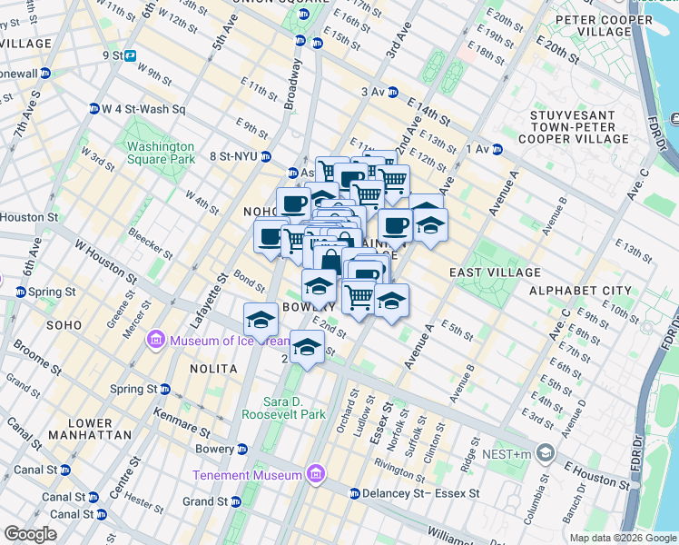 map of restaurants, bars, coffee shops, grocery stores, and more near 82 2nd Avenue in New York