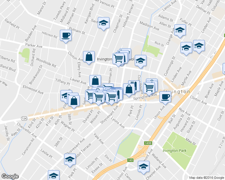 map of restaurants, bars, coffee shops, grocery stores, and more near 71 Grant Place in Irvington