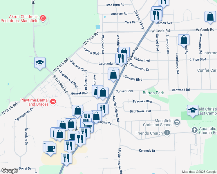 map of restaurants, bars, coffee shops, grocery stores, and more near 656 Sunset Boulevard in Mansfield