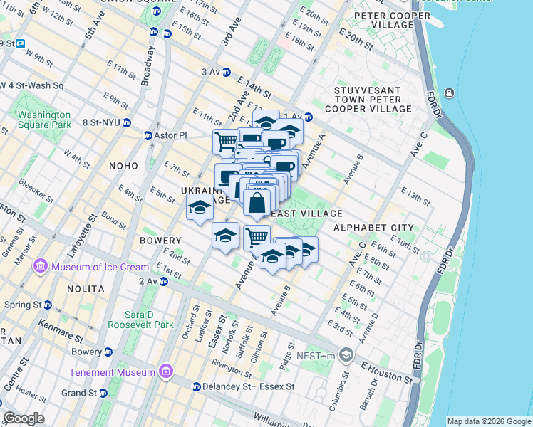 map of restaurants, bars, coffee shops, grocery stores, and more near 113 East 7th Street in New York