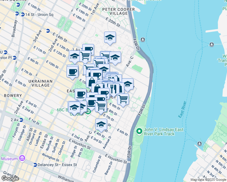 map of restaurants, bars, coffee shops, grocery stores, and more near Avenue C & E 11th St in New York