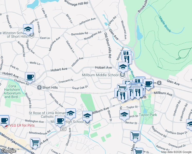 map of restaurants, bars, coffee shops, grocery stores, and more near 40 Hawthorne Road in Millburn