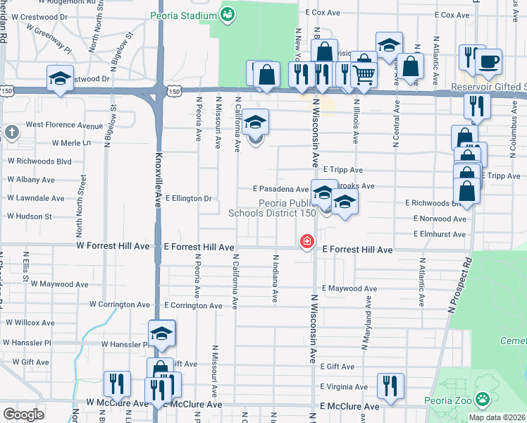 map of restaurants, bars, coffee shops, grocery stores, and more near 3210 North New York Avenue in Peoria