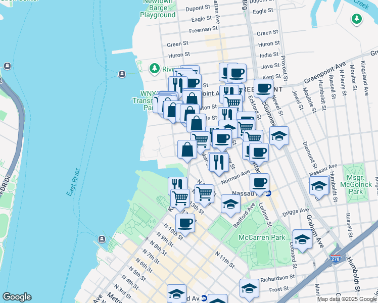 map of restaurants, bars, coffee shops, grocery stores, and more near 33 Franklin Street in Brooklyn