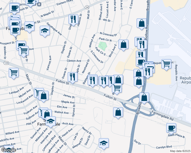 map of restaurants, bars, coffee shops, grocery stores, and more near 19 Sexton Place in Farmingdale