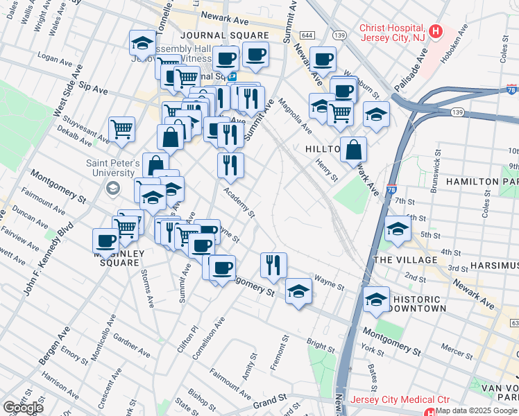 map of restaurants, bars, coffee shops, grocery stores, and more near 12 Front Street in Jersey City