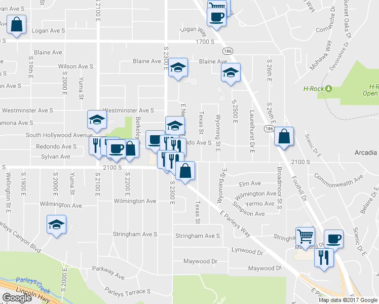 map of restaurants, bars, coffee shops, grocery stores, and more near 2009 East Nevada Street in Salt Lake City