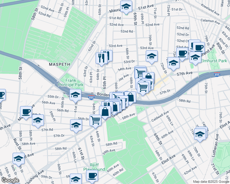 map of restaurants, bars, coffee shops, grocery stores, and more near 55-36 66th Street in Queens