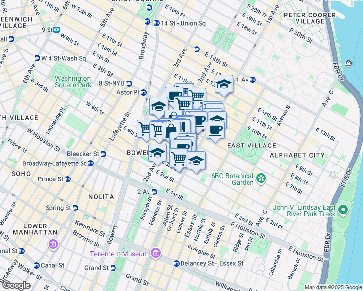 map of restaurants, bars, coffee shops, grocery stores, and more near 331 East 5th Street in New York