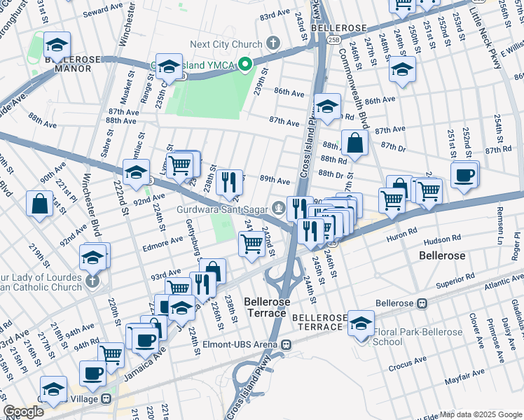 map of restaurants, bars, coffee shops, grocery stores, and more near 241-23 Braddock Avenue in Queens