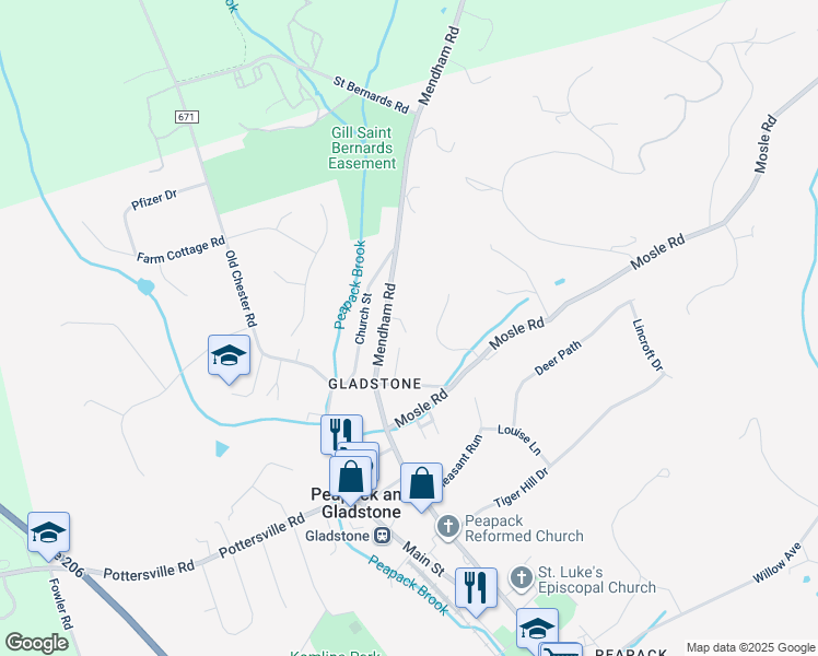 map of restaurants, bars, coffee shops, grocery stores, and more near 76 Mendham Road in Peapack and Gladstone