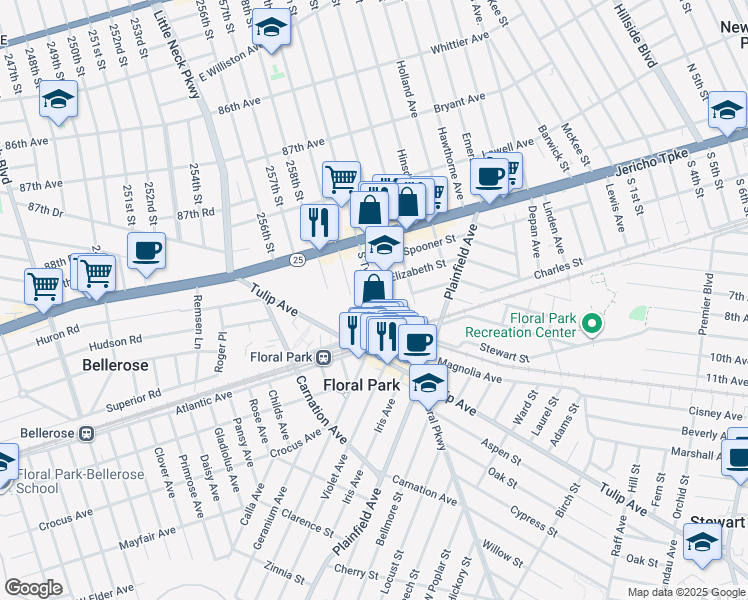 map of restaurants, bars, coffee shops, grocery stores, and more near 59 South Tyson Avenue in Floral Park