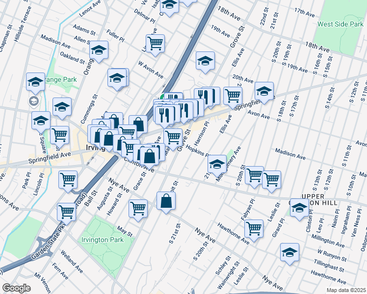 map of restaurants, bars, coffee shops, grocery stores, and more near 944 Grove Street in Irvington