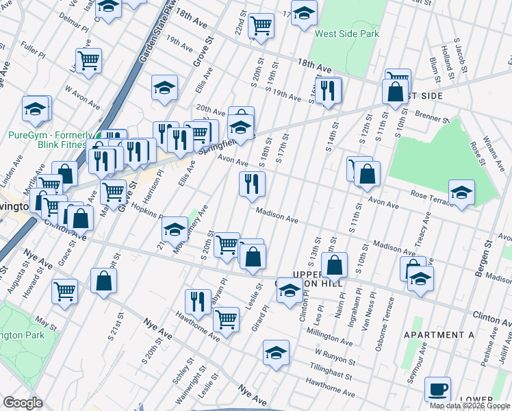 map of restaurants, bars, coffee shops, grocery stores, and more near 853 South 18th Street in Newark