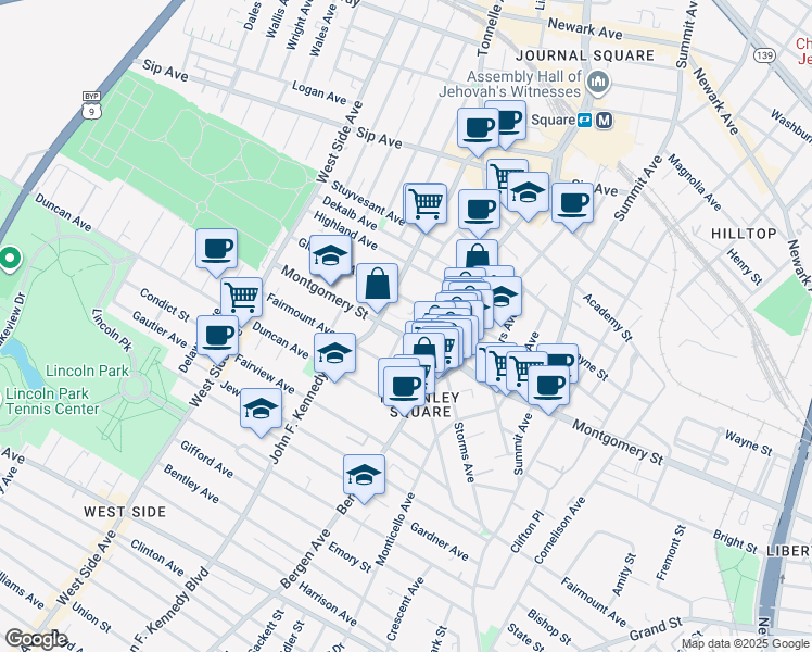 map of restaurants, bars, coffee shops, grocery stores, and more near 808 Montgomery Street in Jersey City
