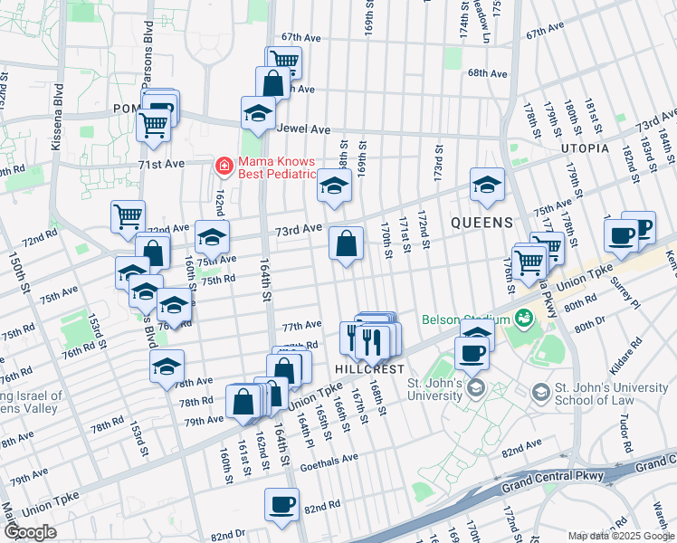 map of restaurants, bars, coffee shops, grocery stores, and more near 75-35 167th Street in Queens