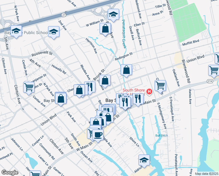 map of restaurants, bars, coffee shops, grocery stores, and more near 1855 Union Boulevard in Bay Shore