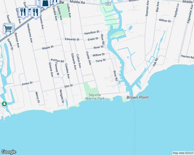 map of restaurants, bars, coffee shops, grocery stores, and more near 337 Foster Avenue in Sayville