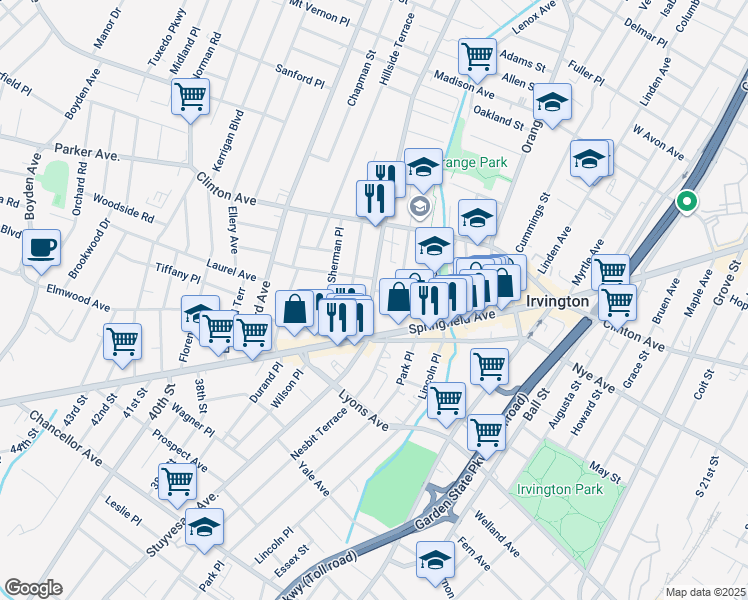 map of restaurants, bars, coffee shops, grocery stores, and more near 598 Stuyvesant Ave in Irvington