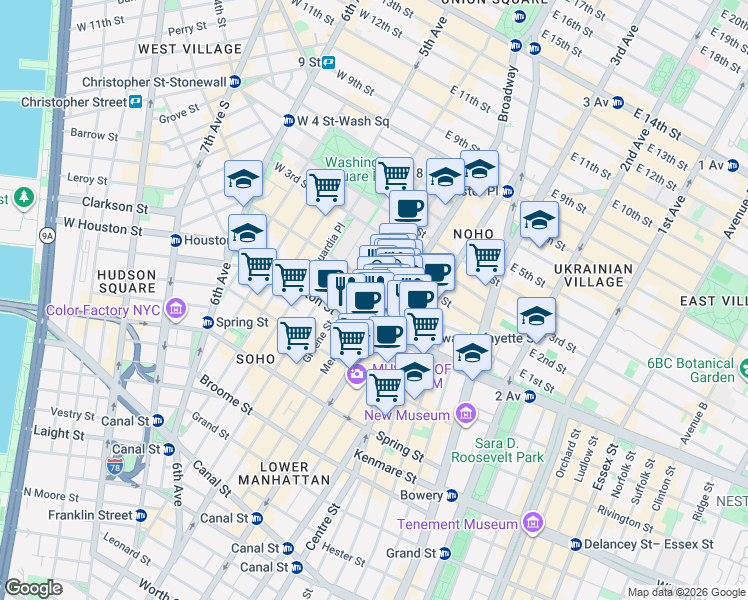 map of restaurants, bars, coffee shops, grocery stores, and more near 200 Mercer Street in New York