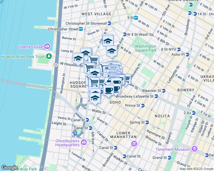 map of restaurants, bars, coffee shops, grocery stores, and more near 144 Sullivan Street in New York