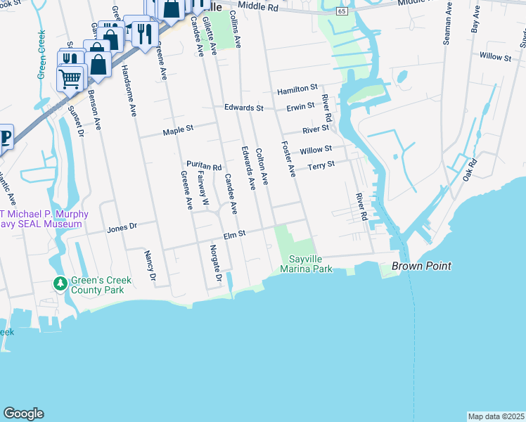 map of restaurants, bars, coffee shops, grocery stores, and more near 133 Edwards Ave in Sayville