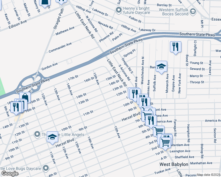 map of restaurants, bars, coffee shops, grocery stores, and more near 1530 13th Street in West Babylon