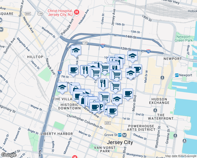 map of restaurants, bars, coffee shops, grocery stores, and more near 284 7th Street in Jersey City
