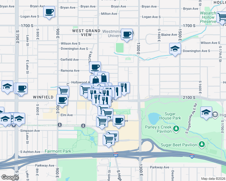 map of restaurants, bars, coffee shops, grocery stores, and more near 2074 Elizabeth Street in Salt Lake City