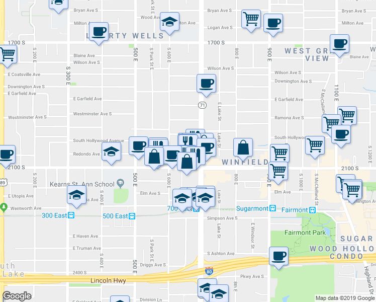 map of restaurants, bars, coffee shops, grocery stores, and more near 628 Redondo Avenue in Salt Lake City