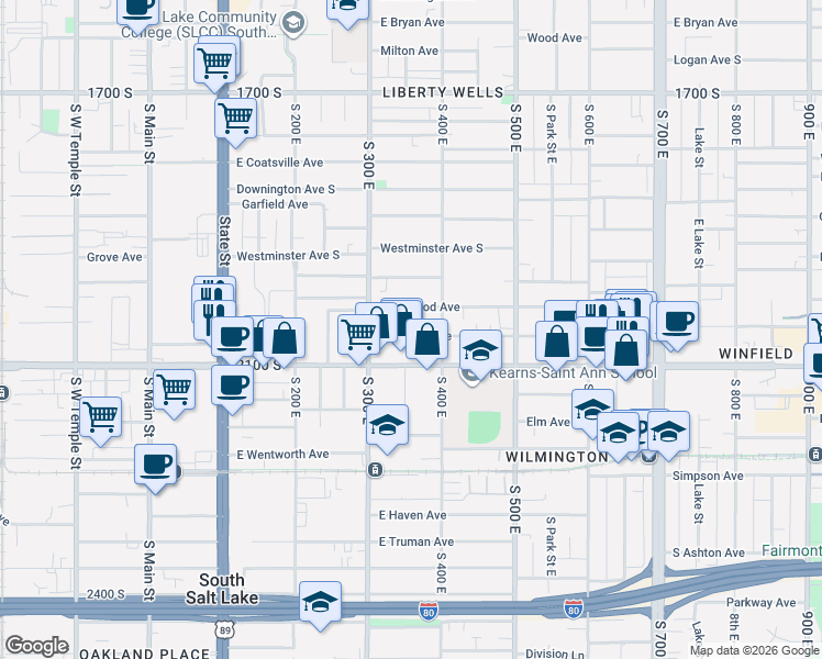 map of restaurants, bars, coffee shops, grocery stores, and more near 363 Redondo Avenue in Salt Lake City