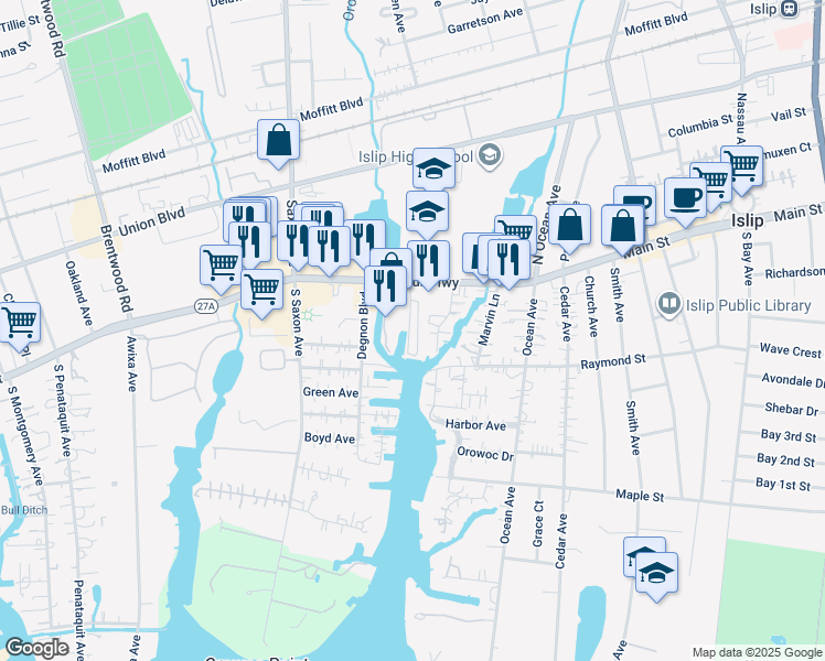map of restaurants, bars, coffee shops, grocery stores, and more near 46 150 Main Street in Islip