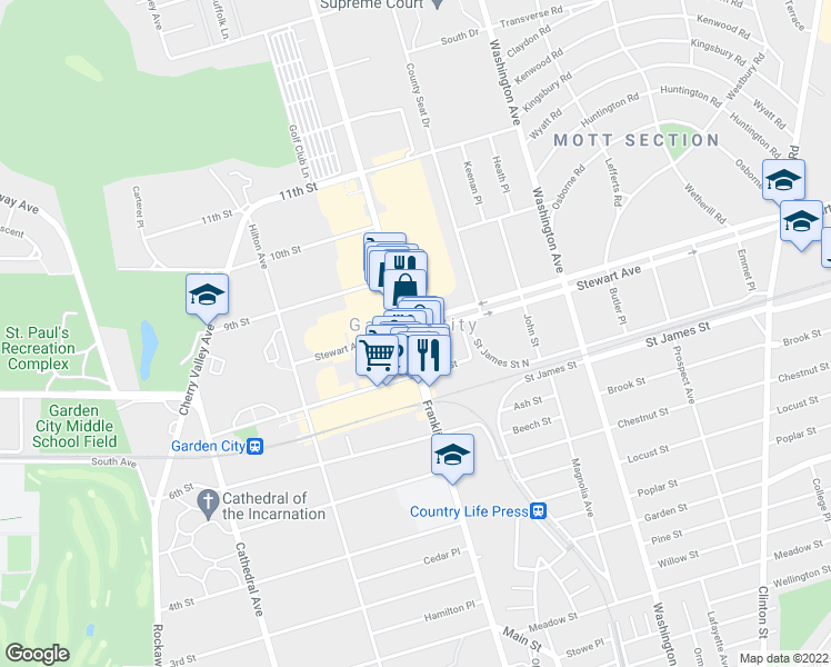 map of restaurants, bars, coffee shops, grocery stores, and more near 364 Stewart Avenue in Garden City