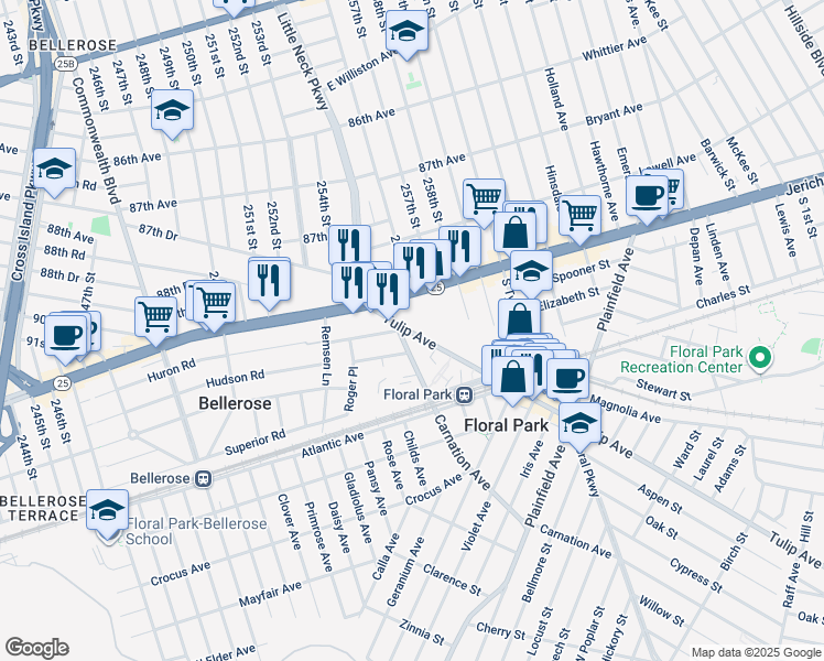 map of restaurants, bars, coffee shops, grocery stores, and more near in Floral Park