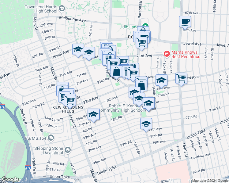 map of restaurants, bars, coffee shops, grocery stores, and more near 15314 73rd Avenue in Queens