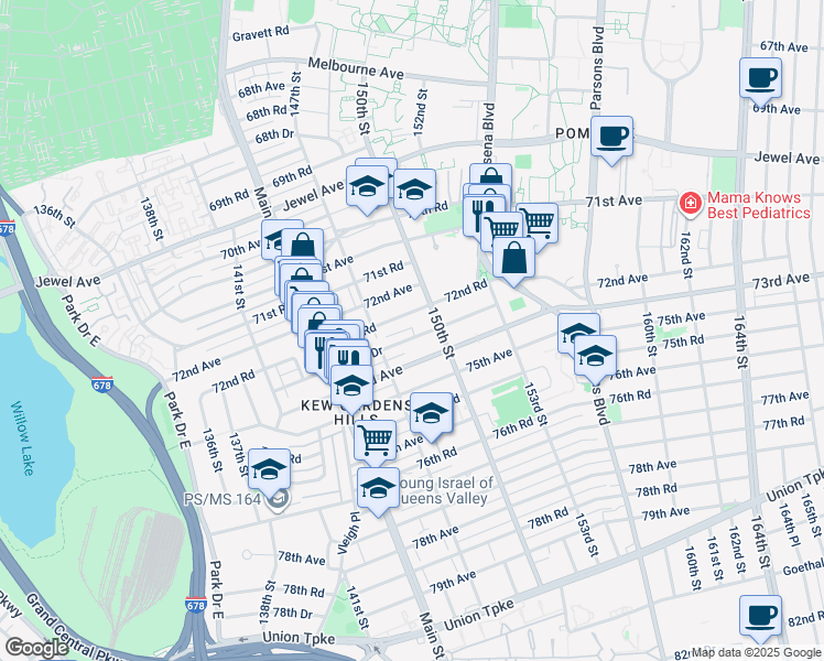 map of restaurants, bars, coffee shops, grocery stores, and more near 147-33 72nd Drive in Queens