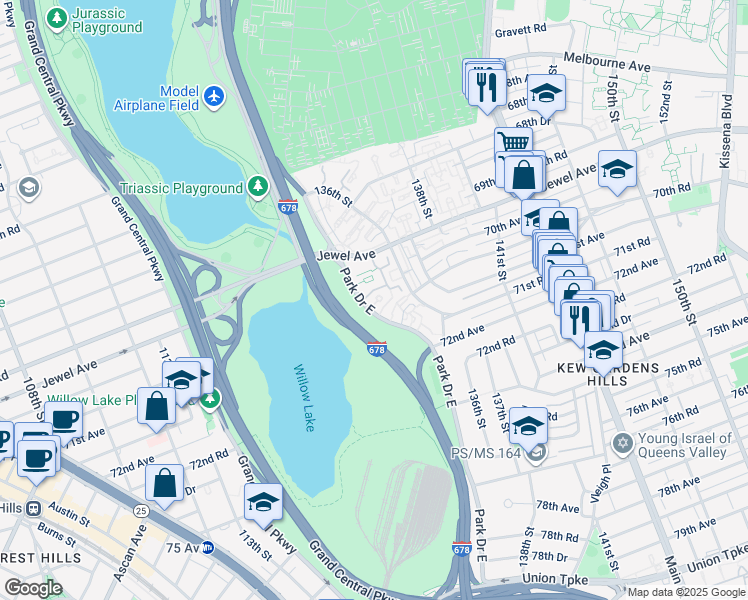 map of restaurants, bars, coffee shops, grocery stores, and more near 70-19 Park Drive East in Queens