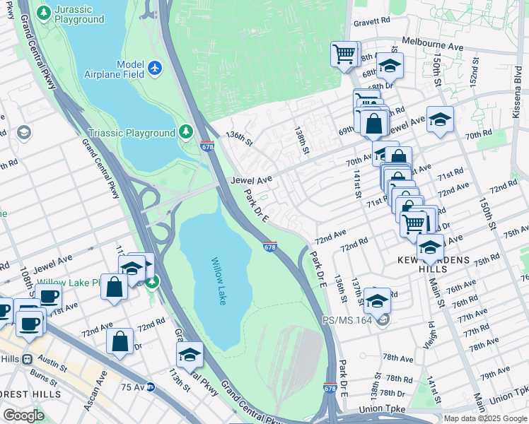 map of restaurants, bars, coffee shops, grocery stores, and more near 70-19 Park Drive East in Queens