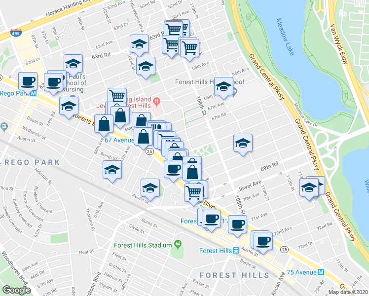 map of restaurants, bars, coffee shops, grocery stores, and more near 102-40 67th Drive in Queens
