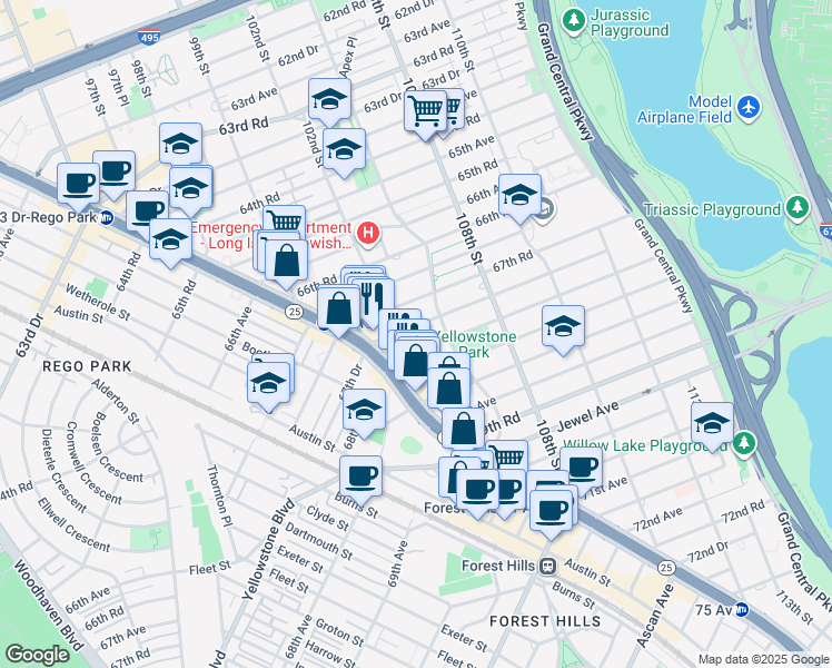 map of restaurants, bars, coffee shops, grocery stores, and more near 102-50 67th Drive in Queens