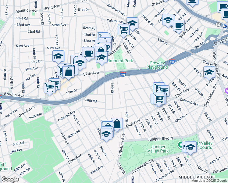 map of restaurants, bars, coffee shops, grocery stores, and more near 57-79 75th Street in Queens